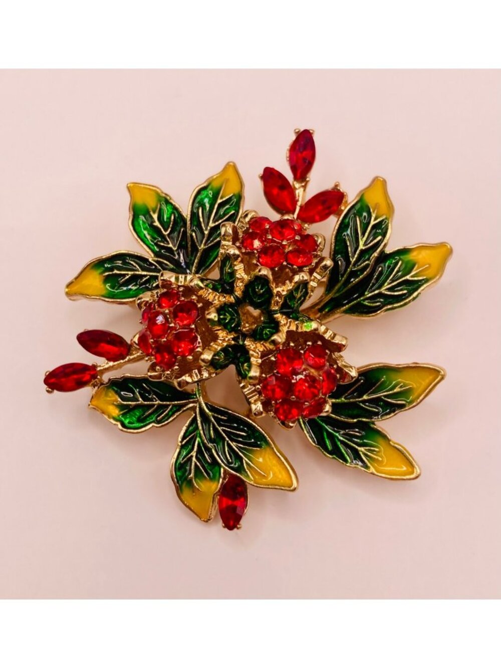 Gold-Tone Red & Green Rhinestone Floral Enamel Brooch Pin -113B